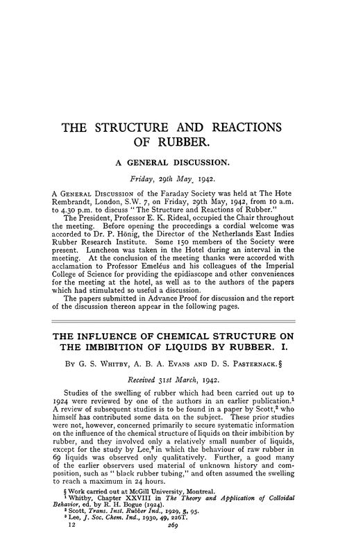 The influence of chemical structure on the imbibition of liquids by rubber. I