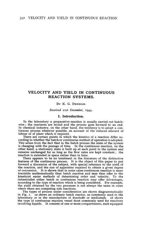 Velocity and yield in continuous reaction systems
