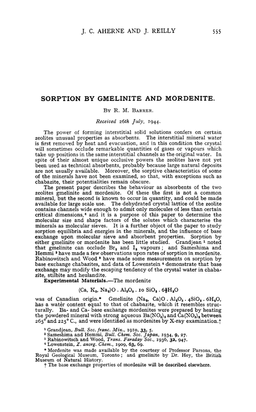 Sorption by gmelinite and mordenite