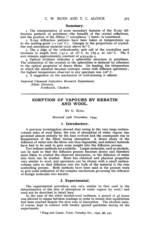 Sorption of vapours by keratin and wool