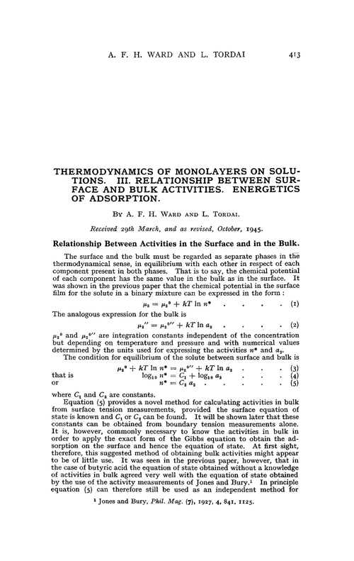 Thermodynamics of monolayers on solutions. III. Relationship between surface and bulk activities. Energetics of adsorption