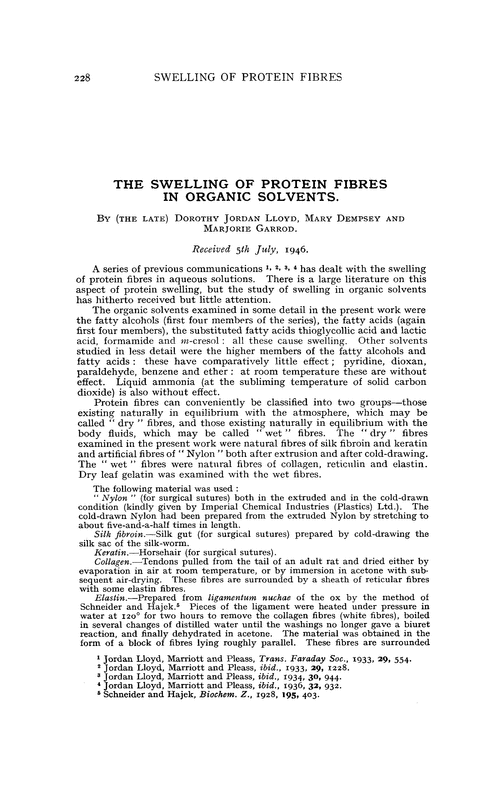 The swelling of protein fibres in organic solvents