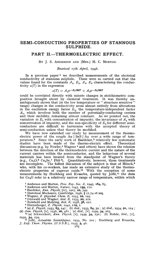 Semi–conducting properties of stannous sulphide. Part II.—Thermoelectric effect