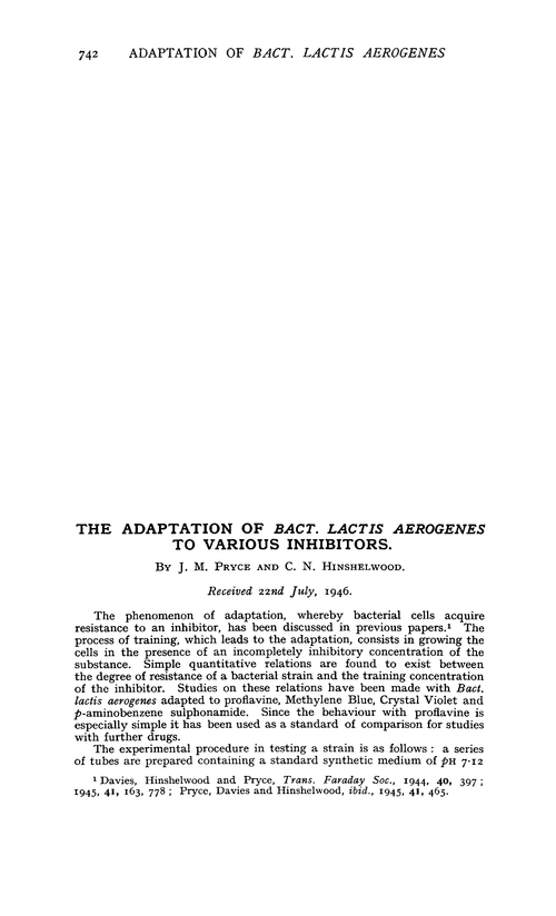 The adaptation of Bact. lactis aerogenes to various inhibitors