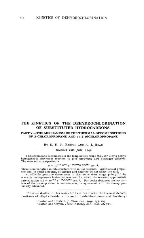 The kinetics of the dehydrochlorination of substituted hydrocarbons. Part V.—The mechanism of the thermal decompositions of 2-chloropropane and 1 : 2-dichloropropane