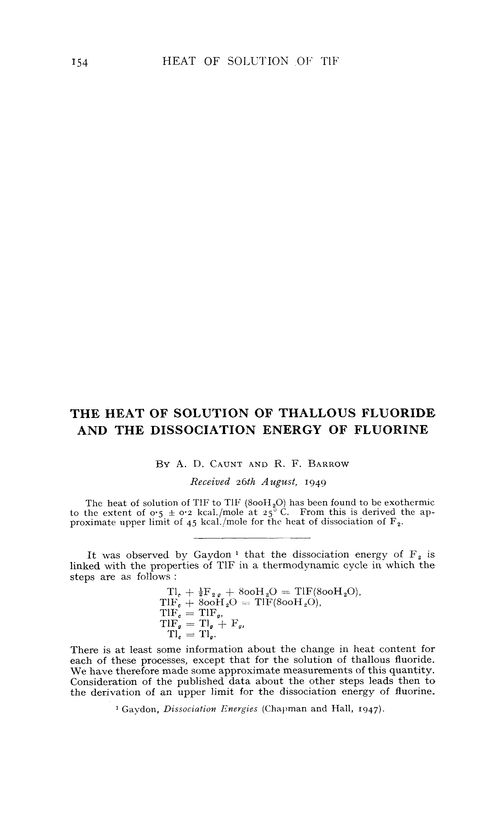 The heat of solution of thallous fluoride and the dissociation energy of fluorine