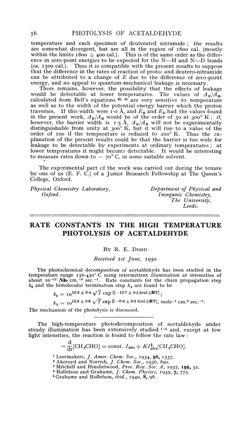 Rate constants in the high temperature photolysis of acetaldehyde