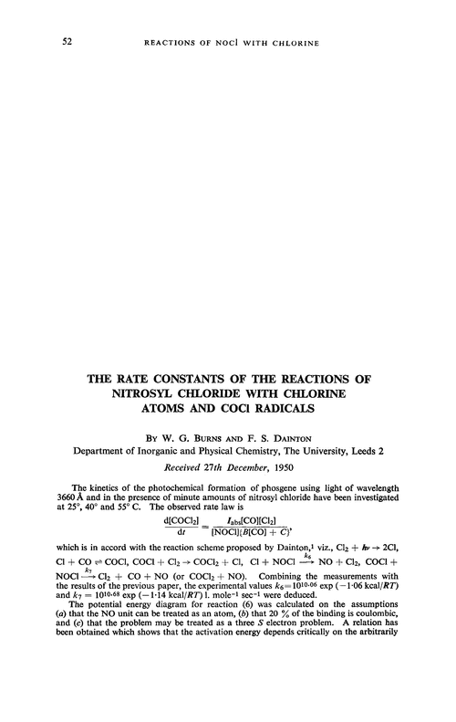 The rate constants of the reactions of nitrosyl chloride with chlorine atoms and COCl radicals