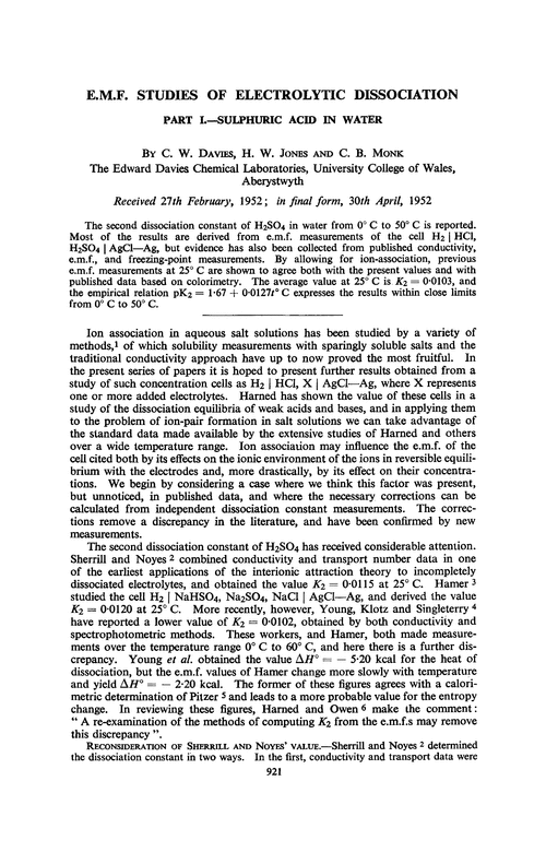 E.m.f. studies of electrolytic dissociation. Part I.—Sulphuric acid in water