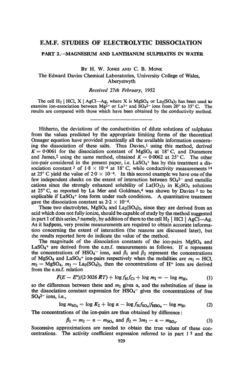 E.m.f. studies of electrolytic dissociation. Part 2.—Magnesium and lanthanum sulphates in water