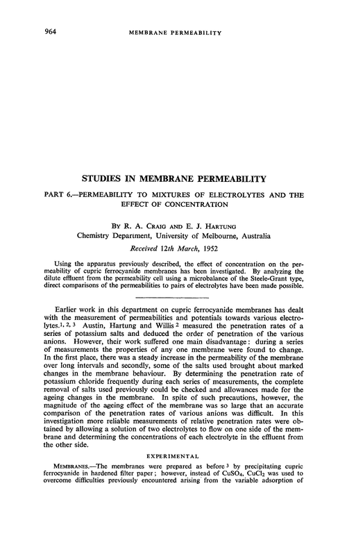Studies in membrane permeability. Part 6.—Permeability to mixtures of electrolytes and the effect of concentration
