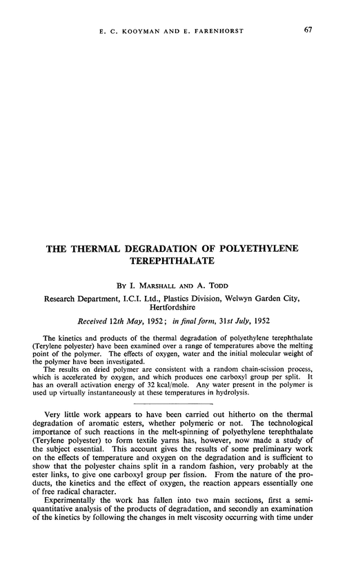 The thermal degradation of polyethylene terephthalate