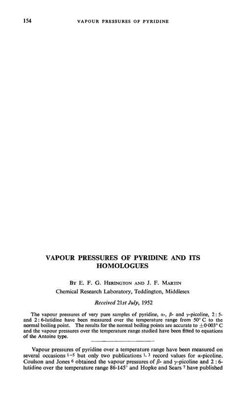 Vapour pressures of pyridine and its homologues