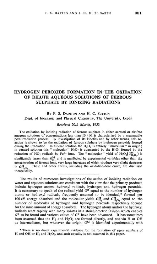 Hydrogen peroxide formation in the oxidation of dilute aqueous solutions of ferrous sulphate by ionizing radiations