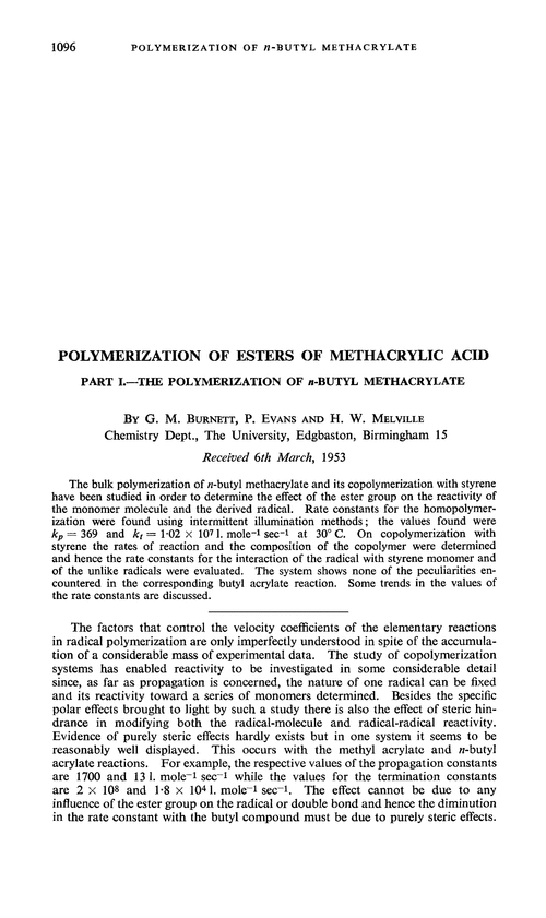 Polymerization of esters of methacrylic acid. Part I.—the polymerization of n-butyl methacrylate