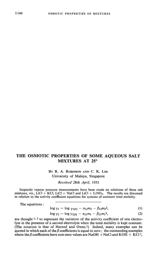 The osmotic properties of some aqueous salt mixtures at 25°