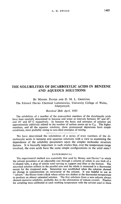 The solubilities of dicarboxylic acids in benzene and aqueous solutions
