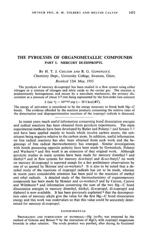 The pyrolysis of organometallic compounds. Part 1. Mercury di-isopropyl