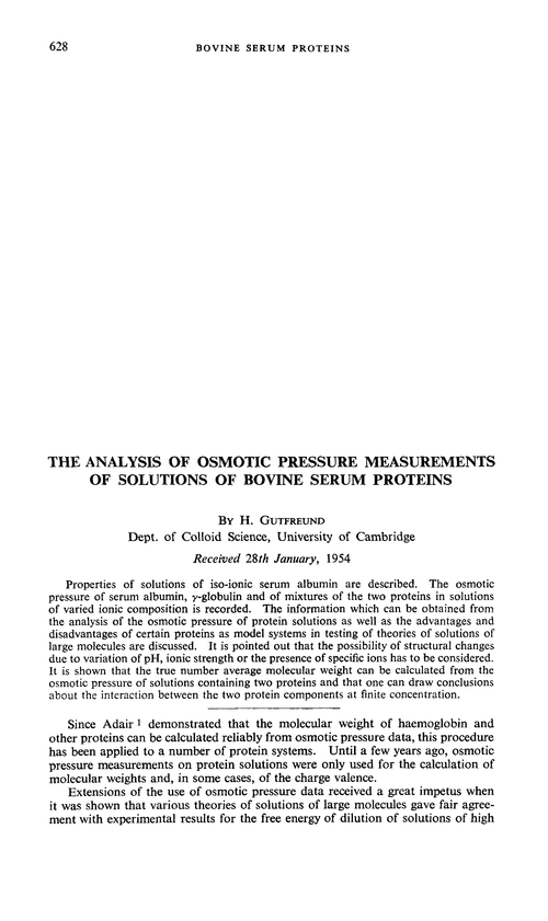 The analysis of osmotic pressure measurements of solutions of bovine serum proteins