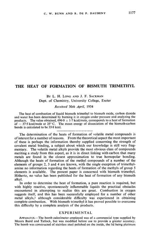 The heat of formation of bismuth trimethyl