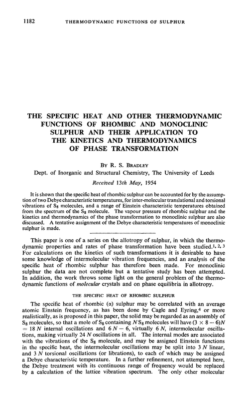 The specific heat and other thermodynamic functions of rhombic and monoclinic sulphur and their application to the kinetics and thermodynamics of phase transformation