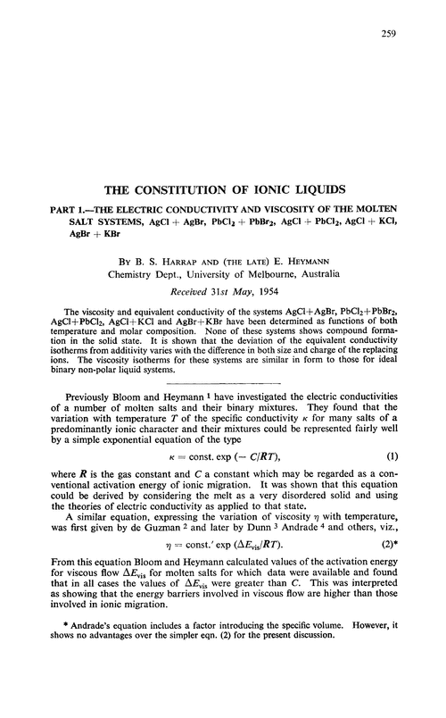 The constitution of ionic liquids. Part 1.—The electric conductivity and viscosity of the molten salt systems, AgCl + AgBr, PbCl2+ PbBr2, AgCl + PbCl2, AgCl + KCl, AgBr + KBr