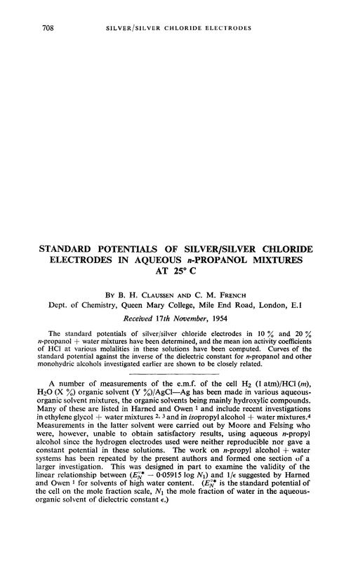 Standard potentials of silver/silver chloride electrodes in aqueous n-propanol mixtures at 25° C
