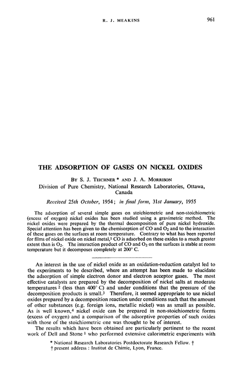 The adsorption of gases on nickel oxides