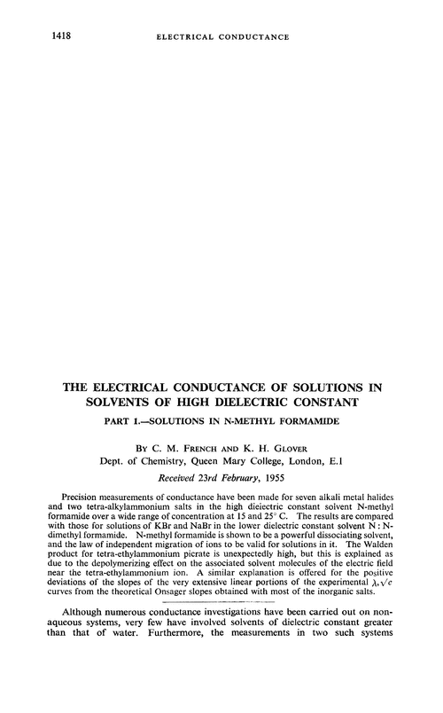 The electrical conductance of solutions in solvents of high dielectric constant. Part 1.—Solutions in N-methyl formamide
