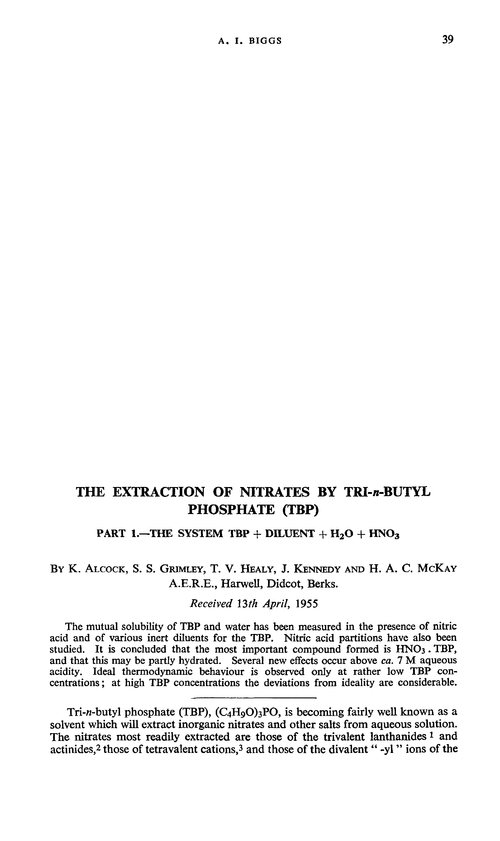 The extraction of nitrates by tri-n-butyl phosphate (TBP). Part 1.—The system TBP + Diluent + H2O+HNO3