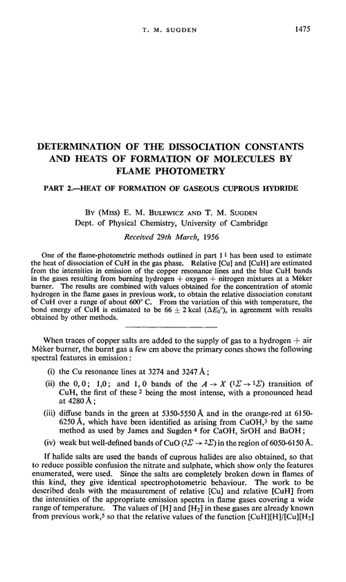 Determination of the dissociation constants and heats of formation of molecules by flame photometry. Part 2.—Heat of formation of gaseous cuprous hydride