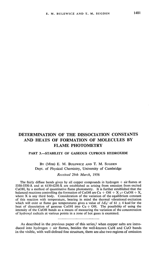 Determination of the dissociation constants and heats of formation of molecules by flame photometry. Part 3.—Stability of gaseous cuprous hydroxide