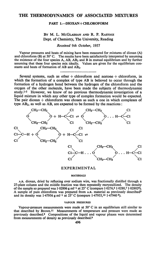 The thermodynamics of associated mixtures. Part 1.—Dioxan+chloroform
