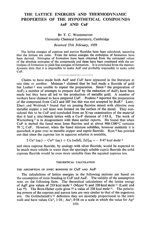 The lattice energies and thermodynamic properties of the hypothetical compounds AuF and CuF