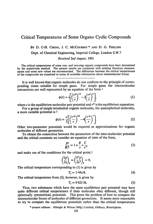 Critical temperatures of some organo cyclic compounds