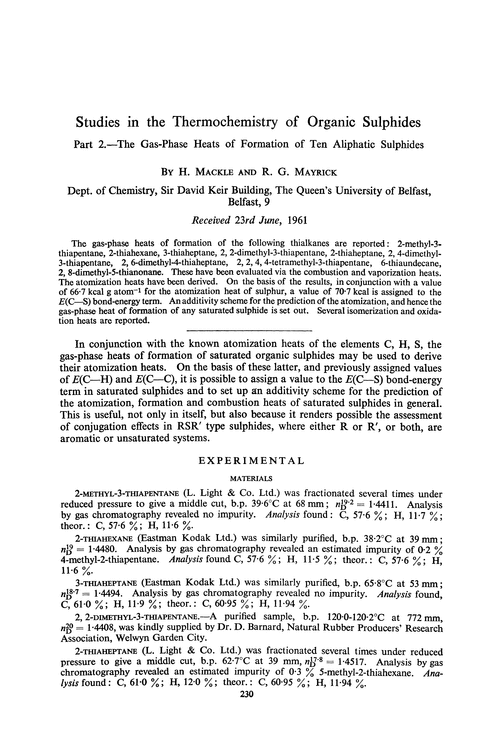 Studies in the thermochemistry of organic sulphides. Part 2.—The gas-phase heats of formation of ten aliphatic sulphides