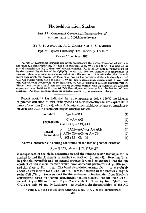 Photochlorination studies. Part 5.—Concurrent geometrical isomerization of cis- and trans-1, 2-dichloroethylene
