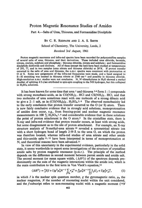 Proton magnetic resonance studies of amides. Part 4.—Salts of urea, thiourea, and formamidine disulphide
