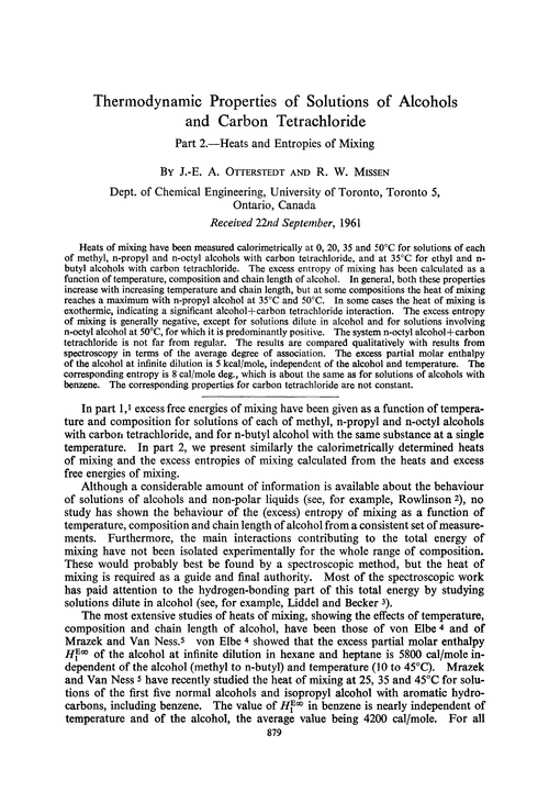 Thermodynamic properties of solutions of alcohols and carbon tetrachloride. Part 2.—Heats and entropies of mixing