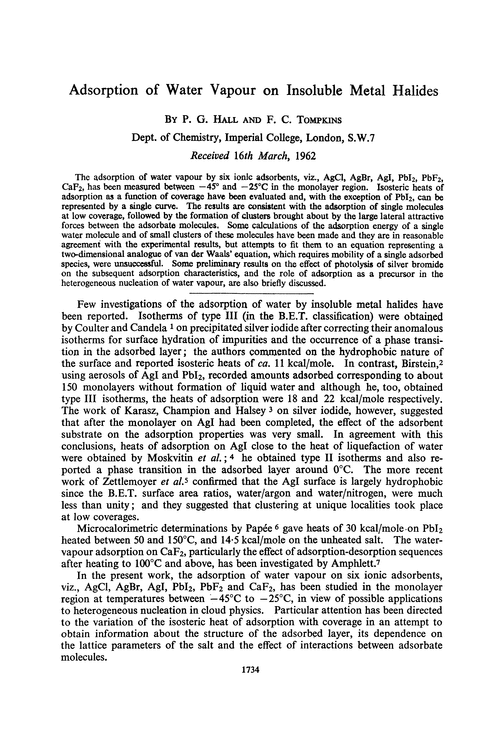 Adsorption of water vapour on insoluble metal halides