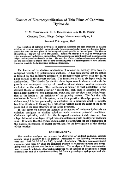 Kinetics of electrocrystallization of thin films of cadmium hydroxide
