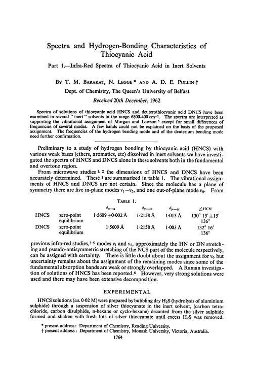 Spectra and hydrogen-bonding characteristics of thiocyanic acid. Part 1.—Infra-red spectra of thiocyanic acid in inert solvents