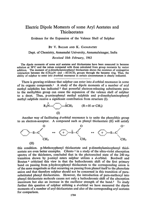 Electric dipole moments of some aryl acetates and thiolacetates. Evidence for the expansion of the valence shell of sulphur
