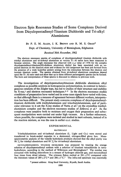 Electron spin resonance studies of some complexes derived from dicyclopentadienyl-titanium dichloride and tri-alkyl aluminiums