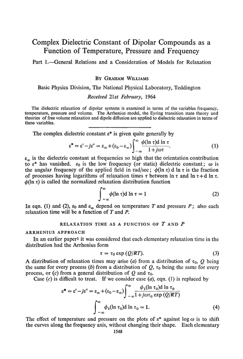 Complex dielectric constant of dipolar compounds as a function of temperature, pressure and frequency. Part 1 .—General relations and a consideration of models for relaxation