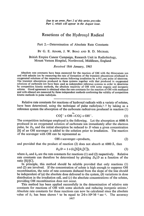 Reactions of the hydroxyl radical. Part 2.—Determination of absolute rate constants
