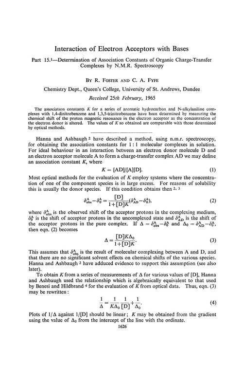Interaction of electron acceptors with bases. Part 15.—Determination of association constants of organic charge-transfer complexes by n.m.r. spectroscopy