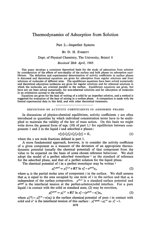Thermodynamics of adsorption from solution. Part 2.—Imperfect systems