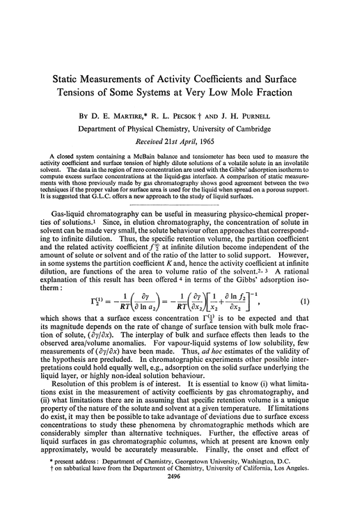Static measurements of activity coefficients and surface tensions of some systems at very low mole fraction