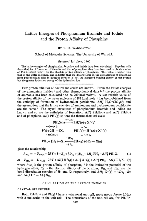 Lattice energies of phosphonium bromide and iodide and the proton affinity of phosphine